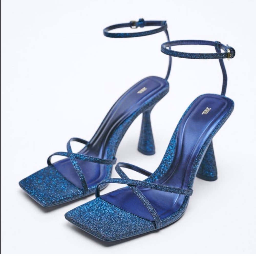 Zara Blue Strappy Glitter Heeled Sandals
